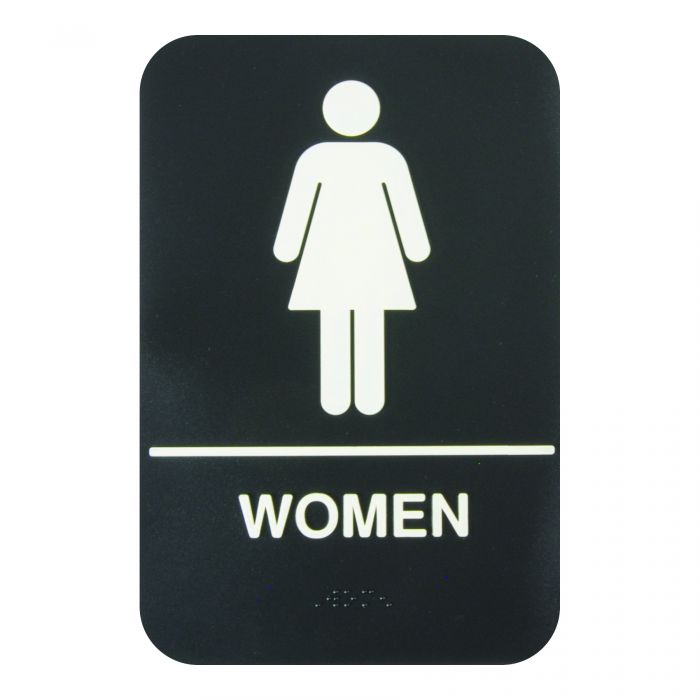Thunder Group Information Sign with Braille effectively marks the location of the women's restroom to avoid confusion. Featuring white lettering on a black background and a graphic image, this information sign is highly visible and helps get your message across clearly. The sign features universal symbols and clear letters on anti-glare surfaces to give a professional, seamless look to any space.