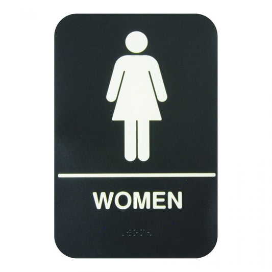 Thunder Group Information Sign with Braille effectively marks the location of the women's restroom to avoid confusion. Featuring white lettering on a black background and a graphic image, this information sign is highly visible and helps get your message across clearly. The sign features universal symbols and clear letters on anti-glare surfaces to give a professional, seamless look to any space.