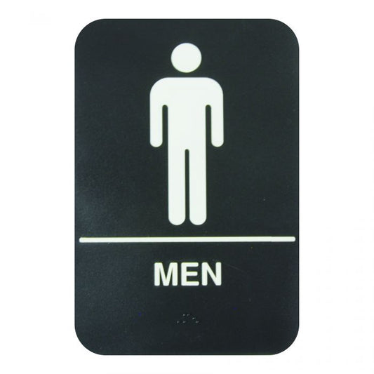 Thunder Group Information Sign with Braille&nbsp;effectively marks the location of the men's restroom to avoid confusion. Featuring white lettering on a black background and a graphic image, this information sign is highly visible and helps get your message across clearly. The sign features universal symbols and clear letters on anti-glare surfaces to give a professional, seamless look to any space.