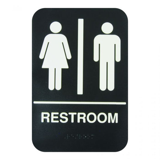 Thunder Group Information Sign with Braille effectively marks the location of the restroom to avoid confusion. Featuring white lettering on a black background and a graphic image, this information sign is highly visible and helps get your message across clearly. The sign features universal symbols and clear letters on anti-glare surfaces to give a professional, seamless look to any space.