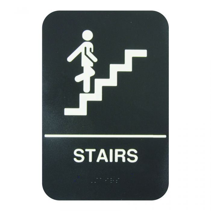 Thunder Group Information Sign with Braille effectively marks the location of the stairs to avoid confusion. Featuring white lettering on a black background and a graphic image, this information sign is highly visible and helps get your message across clearly. The sign features universal symbols and clear letters on anti-glare surfaces to give a professional, seamless look to any space.