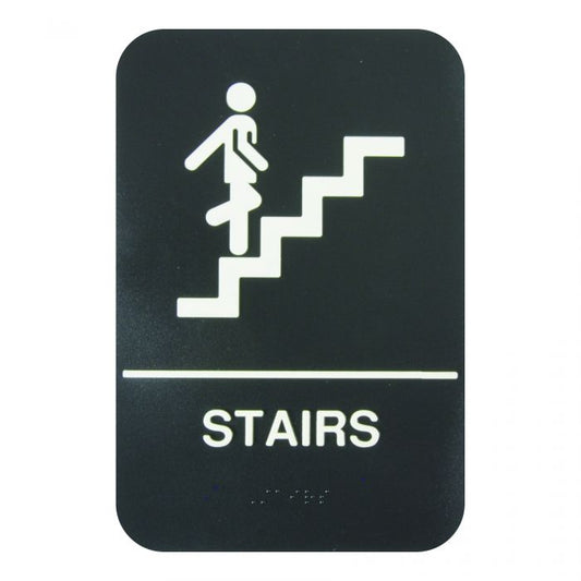 Thunder Group Information Sign with Braille effectively marks the location of the stairs to avoid confusion. Featuring white lettering on a black background and a graphic image, this information sign is highly visible and helps get your message across clearly. The sign features universal symbols and clear letters on anti-glare surfaces to give a professional, seamless look to any space.
