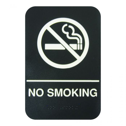 Thunder Group Information Sign with Braille is used to enforce no smoking regulations in your office and commercial establishment. Designed with bold, white lettering on a black background with a graphic image, this information sign is easy to see and helps get your message across even at a glance. The sign features universal symbols and clear letters on anti-glare surfaces to give a professional, seamless look to any space.