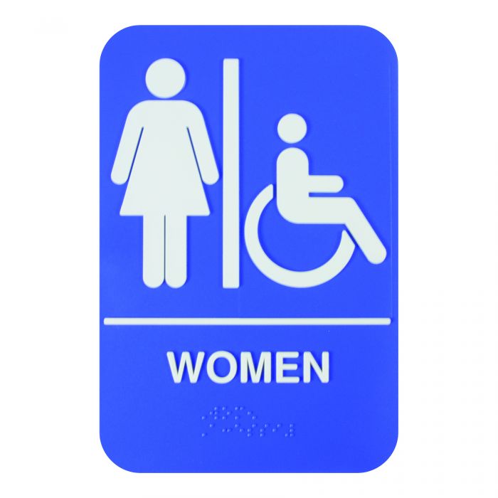 Thunder Group Information Sign with Braille effectively marks the location of the women's restroom to avoid confusion. Featuring white lettering on a blue background and a clear graphic image, this information sign is highly visible and helps get your message across clearly. The sign features universal symbols and clear letters on anti-glare surfaces to give a professional, seamless look to any space.