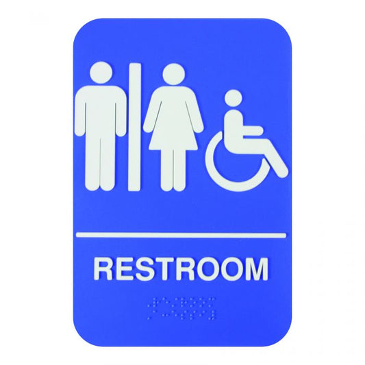 Thunder Group Information Sign with Braille is a practical solution for facilities needing clear and compliant restroom signage. Featuring white lettering on a blue background and a clear graphic image, this information sign is highly visible and helps get your message across clearly. The sign features universal symbols and clear letters on anti-glare surfaces to give a professional, seamless look to any space.