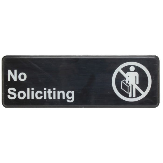 Thunder Group Information Sign with Symbol effectively indicates that no soliciting is allowed on the premises. Must-have in any office or commercial establishment. This highly visible information sign is designed with a graphic image and easy-to-read white lettering to get your message across clearly. Thanks to its self-adhesive back, mounting this sign takes minimal effort.