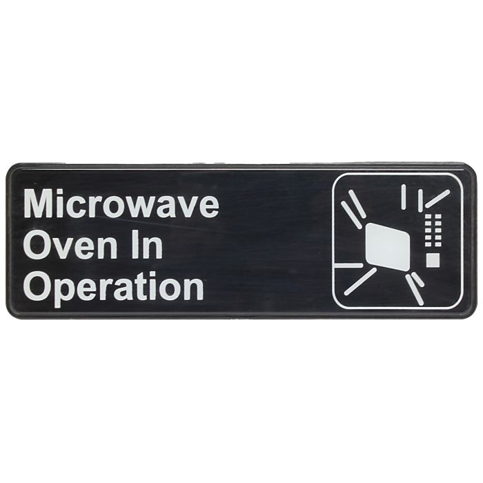 Thunder Group Information Sign with Symbol prevents accidental burns by placing this sign near kitchen areas. Designed with a graphic symbol and bold white lettering, this information sign clearly informs customers that a microwave oven is in operation. This is also important for people with pacemaker implants as the microwave can cause interference with the pacemaker's operation. For added convenience, this information sign has a self-adhesive back for easy mounting.