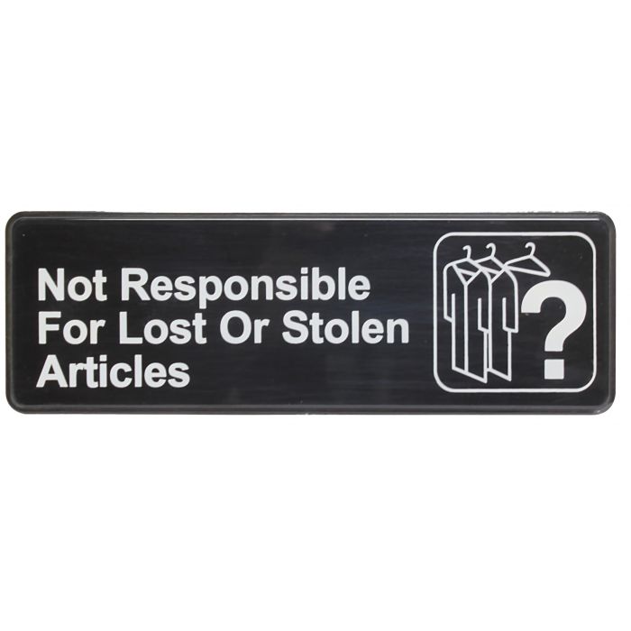 Thunder Group Information Sign with Symbol reminds your customers to keep an eye on their possessions with this sign. Designed with a graphic symbol and easy-to-read white lettering, this information sign effectively indicates your establishment's policy on lost or stolen items. For added convenience, this information sign has a self-adhesive back for easy mounting.