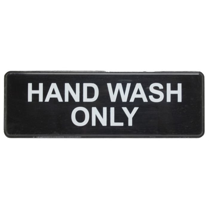 Thunder Group Information Sign with Symbol is an essential little detail for a variety of businesses. This "Hand wash only" sign is both informative and non-intrusive. It features classic white lettering on an unassuming black background to provide easy reading. The sign measures 9x3 inches and doesn't require much time and effort to mount. This functional "Hand wash only" sign is sure to add professionalism and convenience to a wide range of commercial establishments.