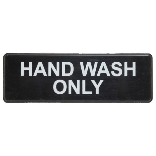 Thunder Group Information Sign with Symbol is an essential little detail for a variety of businesses. This "Hand wash only" sign is both informative and non-intrusive. It features classic white lettering on an unassuming black background to provide easy reading. The sign measures 9x3 inches and doesn't require much time and effort to mount. This functional "Hand wash only" sign is sure to add professionalism and convenience to a wide range of commercial establishments.