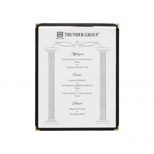 Thunder Group Single Menu Cover is a professional and durable solution for presenting menus in any dining setting. Measuring 8 1/2" x 11", this menu cover features a single pocket with two viewing panels, making it easy for guests to navigate food and drink options. Constructed from flexible plastic laminate, it offers excellent resistance to daily wear and tear while maintaining a clean, polished appearance. 