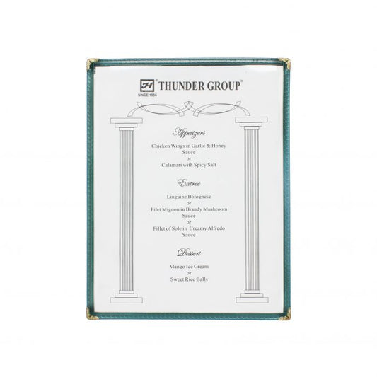 Thunder Group Single Menu Cover is a professional and durable solution for presenting menus in any dining setting. Measuring 8 1/2" x 11", this menu cover features a single pocket with two viewing panels, making it easy for guests to navigate food and drink options. Constructed from flexible plastic laminate, it offers excellent resistance to daily wear and tear while maintaining a clean, polished appearance. 
