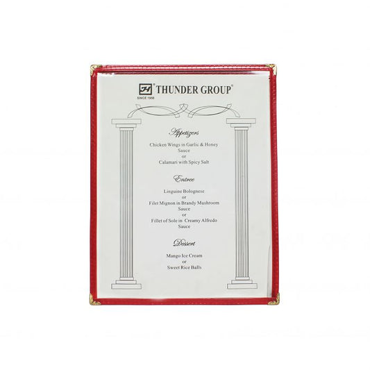 Thunder Group Single Menu Cover is a professional and durable solution for presenting menus in any dining setting. Measuring 8 1/2" x 11", this menu cover features a single pocket with two viewing panels, making it easy for guests to navigate food and drink options. Constructed from flexible plastic laminate, it offers excellent resistance to daily wear and tear while maintaining a clean, polished appearance. 