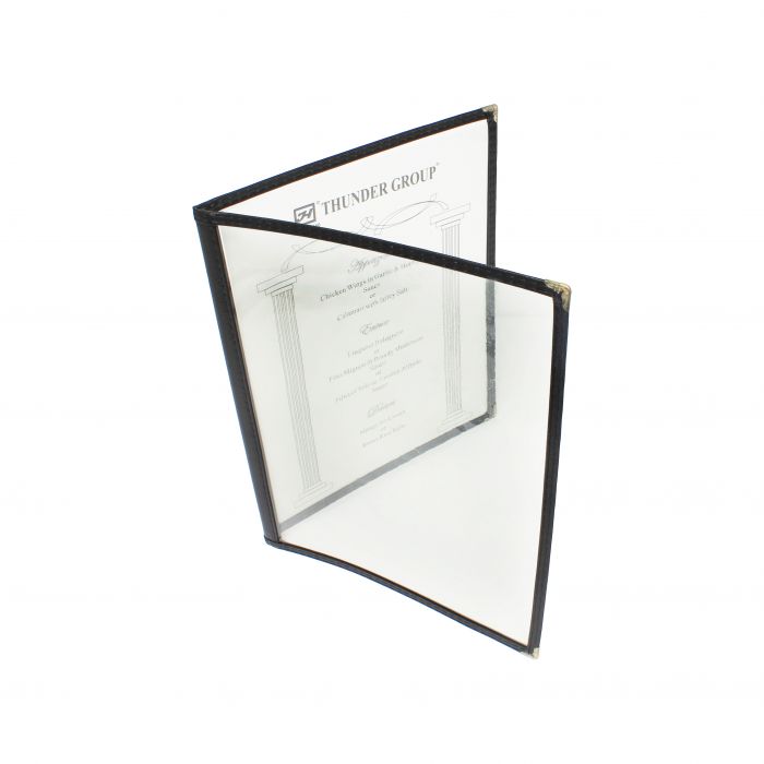 Thunder Group Double Fold Menu Cover offers a durable and elegant solution for displaying menus in any dining setting. Designed with a double-fold layout, it provides increased space for showcasing a broader selection of menu items, making it ideal for establishments with extensive offerings. Constructed from flexible plastic laminate, it ensures long-lasting use and easy cleaning—an essential feature for busy food service environments. 