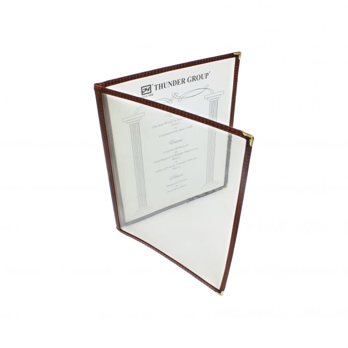 Thunder Group Double Fold Menu Cover offers a durable and elegant solution for displaying menus in any dining setting. Designed with a double-fold layout, it provides increased space for showcasing a broader selection of menu items, making it ideal for establishments with extensive offerings. Constructed from flexible plastic laminate, it ensures long-lasting use and easy cleaning—an essential feature for busy food service environments. 