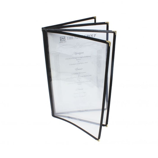 Thunder Group 4 Page Book Fold Menu Cover is a professional and durable menu presentation solution tailored for the food service and hospitality industry. With a 4-page book fold design, this menu cover allows for a comprehensive display of menu offerings, making it ideal for establishments with a broad selection of dishes and beverages. Made from flexible plastic laminate, it stands up to daily wear and tear while remaining easy to clean and maintain. 