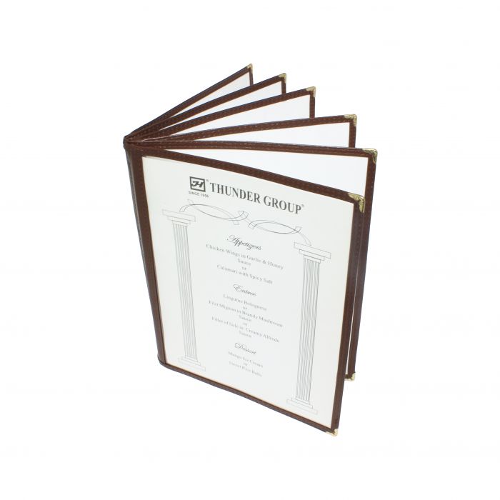 Thunder Group 6 Page Book Fold Menu Cover is a professional and durable menu presentation solution tailored for the food service and hospitality industry. With a 6-page book fold design, this menu cover allows for a comprehensive display of menu offerings, making it ideal for establishments with a broad selection of dishes and beverages. Made from flexible plastic laminate, it stands up to daily wear and tear while remaining easy to clean and maintain.