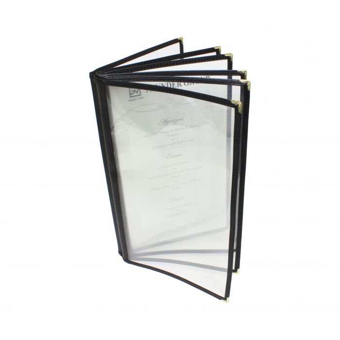 6 Page Book Fold Menu Cover, Faux Leather Black 7 1/2"x13 1/4"