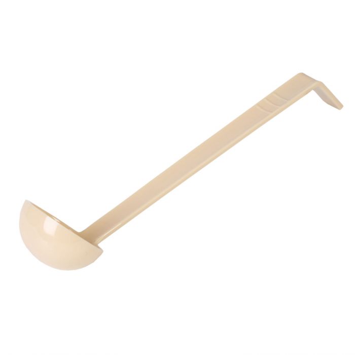 Thunder Group Ladle is a reliable tool engineered for precise portioning in professional kitchens. With a 1 oz. bowl and an 10 1/2" length, this one-piece ladle is ideal for controlled serving of dressings, sauces, and condiments. Made from durable polycarbonate, it offers excellent resistance to heat, breakage, and staining, while remaining lightweight for ease of use. Its neutral beige tone complements various kitchen environments and color-coded utensil systems. 