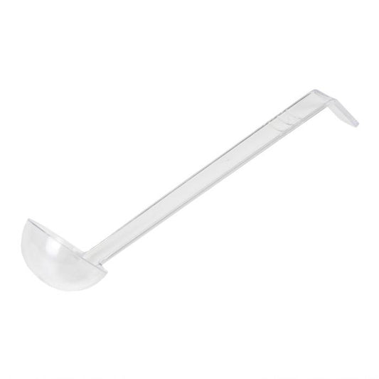 Thunder Group Ladle is a reliable tool engineered for precise portioning in professional kitchens. With a 1 oz. bowl and an 10 1/2" length, this one-piece ladle is ideal for controlled serving of dressings, sauces, and condiments. Made from durable polycarbonate, it offers excellent resistance to heat, breakage, and staining, while remaining lightweight for ease of use. Its neutral clear tone complements various kitchen environments and color-coded utensil systems. 