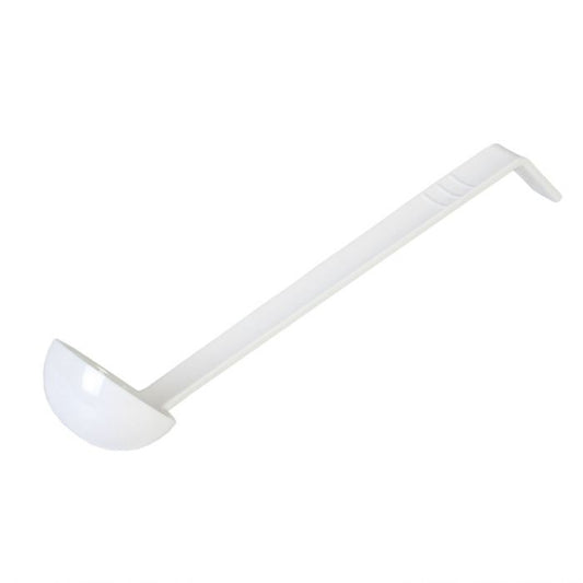 Thunder Group Ladle is a reliable tool engineered for precise portioning in professional kitchens. With a 1 oz. bowl and an 10 1/2" length, this one-piece ladle is ideal for controlled serving of dressings, sauces, and condiments. Made from durable polycarbonate, it offers excellent resistance to heat, breakage, and staining, while remaining lightweight for ease of use. Its neutral white tone complements various kitchen environments and color-coded utensil systems. 