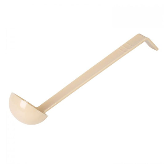Thunder Group Ladle is a reliable tool engineered for precise portioning in professional kitchens. With a 1 oz. bowl and an 13" length, this one-piece ladle is ideal for controlled serving of dressings, sauces, and condiments. Made from durable polycarbonate, it offers excellent resistance to heat, breakage, and staining, while remaining lightweight for ease of use. Its neutral beige tone complements various kitchen environments and color-coded utensil systems. 