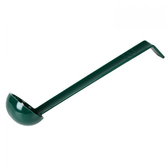 Thunder Group Ladle is a reliable tool engineered for precise portioning in professional kitchens. With a 1 oz. bowl and an 13" length, this one-piece ladle is ideal for controlled serving of dressings, sauces, and condiments. Made from durable polycarbonate, it offers excellent resistance to heat, breakage, and staining, while remaining lightweight for ease of use. Its neutral green tone complements various kitchen environments and color-coded utensil systems. 