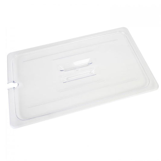 Thunder Group Slotted Cover For Full Size Food Pan is a dependable solution for commercial kitchens that prioritize durability and efficiency. Designed to fit full-size food pans, this solid cover is made from high-quality polycarbonate, offering excellent resistance to breakage and scratching. Its clear construction allows for easy visibility of contents without the need to remove the lid, helping streamline kitchen operations. A built-in handle ensures a secure grip for quick and convenient use. 