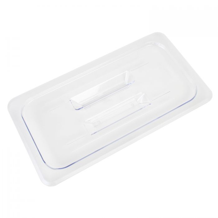 Thunder Group Solid Cover For Third Size Food Pan is a dependable solution for commercial kitchens that prioritize durability and efficiency. Designed to fit third-size food pans, this solid cover is made from high-quality polycarbonate, offering excellent resistance to breakage and scratching. Its clear construction allows for easy visibility of contents without the need to remove the lid, helping streamline kitchen operations. A built-in handle ensures a secure grip for quick and convenient use. 