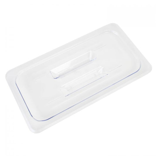 Thunder Group Solid Cover For Third Size Food Pan is a dependable solution for commercial kitchens that prioritize durability and efficiency. Designed to fit third-size food pans, this solid cover is made from high-quality polycarbonate, offering excellent resistance to breakage and scratching. Its clear construction allows for easy visibility of contents without the need to remove the lid, helping streamline kitchen operations. A built-in handle ensures a secure grip for quick and convenient use. 