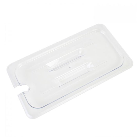 Thunder Group Slotted Cover For Third Size Food Pan is a dependable solution for commercial kitchens that prioritize durability and efficiency. Designed to fit third-size food pans, this solid cover is made from high-quality polycarbonate, offering excellent resistance to breakage and scratching. Its clear construction allows for easy visibility of contents without the need to remove the lid, helping streamline kitchen operations. A built-in handle ensures a secure grip for quick and convenient use. 