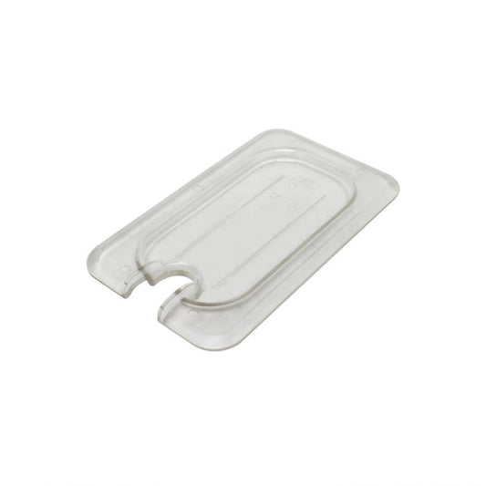 Thunder Group Slotted Cover For Ninth&nbsp;Size Food Pan is a dependable solution for commercial kitchens that prioritize durability and efficiency. Designed to fit sixth-size food pans, this solid cover is made from high-quality polycarbonate, offering excellent resistance to breakage and scratching. Its clear construction allows for easy visibility of contents without the need to remove the lid, helping streamline kitchen operations. A built-in handle ensures a secure grip for quick and convenient use. 