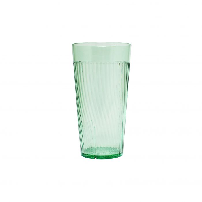 Thunder Group Belize Tumbler 12/Pcs features a unique swirl design that mimics the brilliance of glass. Made from durable green polycarbonate, it features a unique swirl design that adds style while minimizing skidding on wet surfaces. The patented starburst base design helps drain residual water when inverted for stacking. Ideal for restaurants, catered events, or daily home use. 
