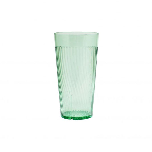 Thunder Group Belize Tumbler 12/Pcs features a unique swirl design that mimics the brilliance of glass. Made from durable green polycarbonate, it features a unique swirl design that adds style while minimizing skidding on wet surfaces. The patented starburst base design helps drain residual water when inverted for stacking. Ideal for restaurants, catered events, or daily home use. 