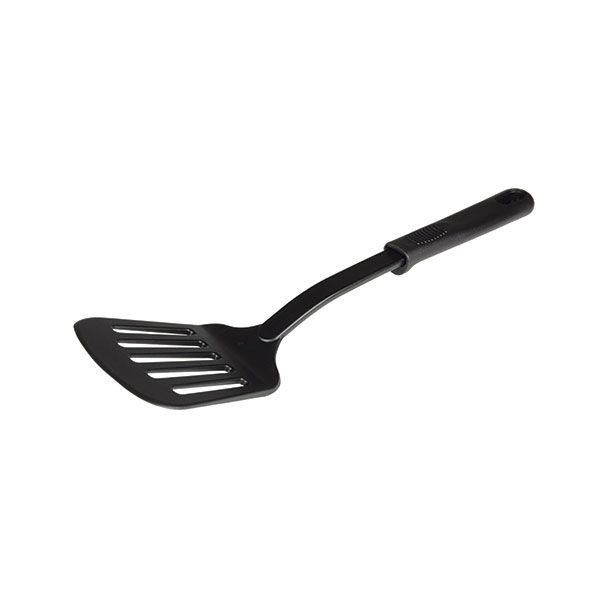 Thunder Group Slotted Turner features a black high-heat nylon blade with a sturdy polypropylene handle, heat resistant up to 410°F. Ideal for flipping, turning, and serving meats, pancakes, or delicate foods, the slotted design drains grease and liquids efficiently. Lightweight yet durable, it’s safe for nonstick cookware and perfect for busy restaurant kitchens or daily home cooking.