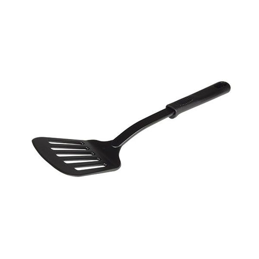 Thunder Group Slotted Turner features a black high-heat nylon blade with a sturdy polypropylene handle, heat resistant up to 410°F. Ideal for flipping, turning, and serving meats, pancakes, or delicate foods, the slotted design drains grease and liquids efficiently. Lightweight yet durable, it’s safe for nonstick cookware and perfect for busy restaurant kitchens or daily home cooking.