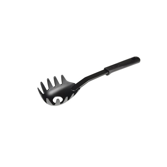 Thunder Group Pasta Fork features a durable high-heat nylon head and a comfortable polypropylene handle, designed to withstand temperatures up to 410°F. Its black color offers a sleek look perfect for any kitchen setting. Ideal for serving and lifting all types of pasta, it provides excellent grip and prevents damage to nonstick cookware. Dishwasher safe for effortless cleaning and built to last for everyday use in restaurants or at home.