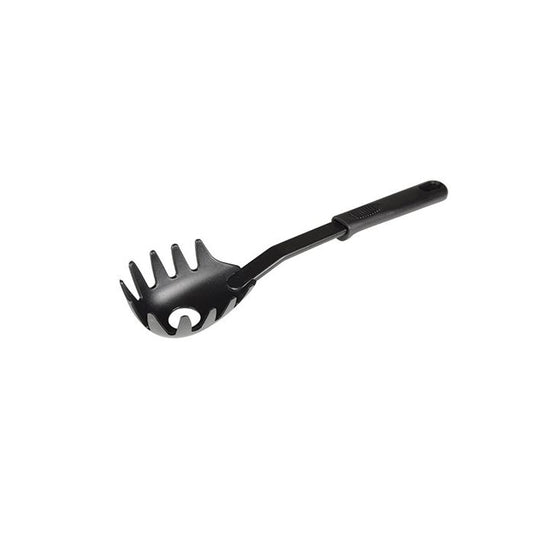 Thunder Group Pasta Fork features a durable high-heat nylon head and a comfortable polypropylene handle, designed to withstand temperatures up to 410°F. Its black color offers a sleek look perfect for any kitchen setting. Ideal for serving and lifting all types of pasta, it provides excellent grip and prevents damage to nonstick cookware. Dishwasher safe for effortless cleaning and built to last for everyday use in restaurants or at home.