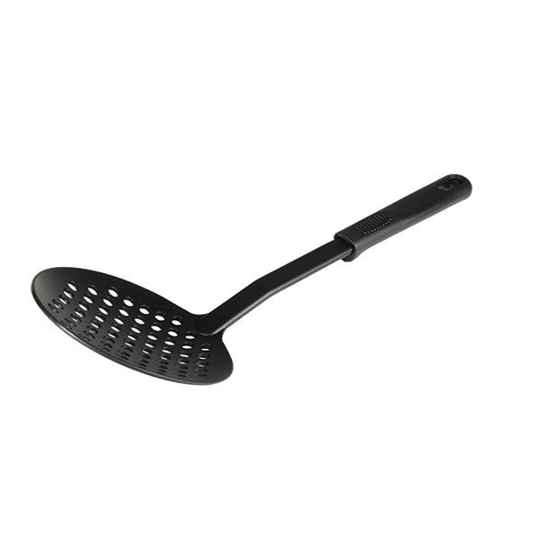 Thunder Group Skimmer features a high-heat nylon head paired with a sturdy polypropylene handle, making it perfect for lifting and draining foods right from boiling pots or fryers. Heat resistant up to 410°F, it safely handles hot foods without damaging nonstick surfaces. Its sleek black finish complements any kitchen, while the ergonomic handle provides a secure comfortable grip. Ideal for both commercial kitchens and home use, this skimmer is dishwasher safe for fast easy cleanup.