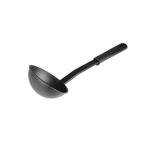 Thunder Group Ladle combines a high-heat nylon bowl with a strong polypropylene handle, making it perfect for serving soups, sauces, stews, and more. Heat resistant up to 410°F, it safely handles hot liquids without harming nonstick cookware. The sleek black design adds a professional look to any kitchen, while its ergonomic handle ensures a comfortable secure grip. Dishwasher safe for easy cleaning, this ladle is ideal for both restaurant and home use.