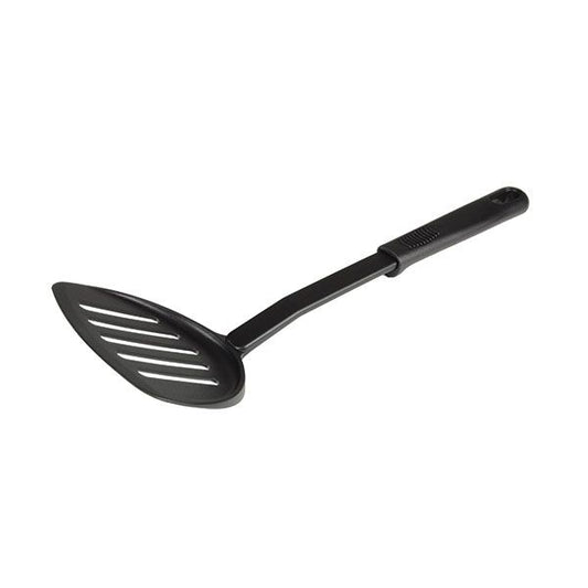 Thunder Group Slotted Turner features a black high-heat nylon blade with a sturdy polypropylene handle, heat resistant up to 410°F. Ideal for flipping, turning, and serving meats, pancakes, or delicate foods, the slotted design drains grease and liquids efficiently. Lightweight yet durable, it’s safe for nonstick cookware and perfect for busy restaurant kitchens or daily home cooking.