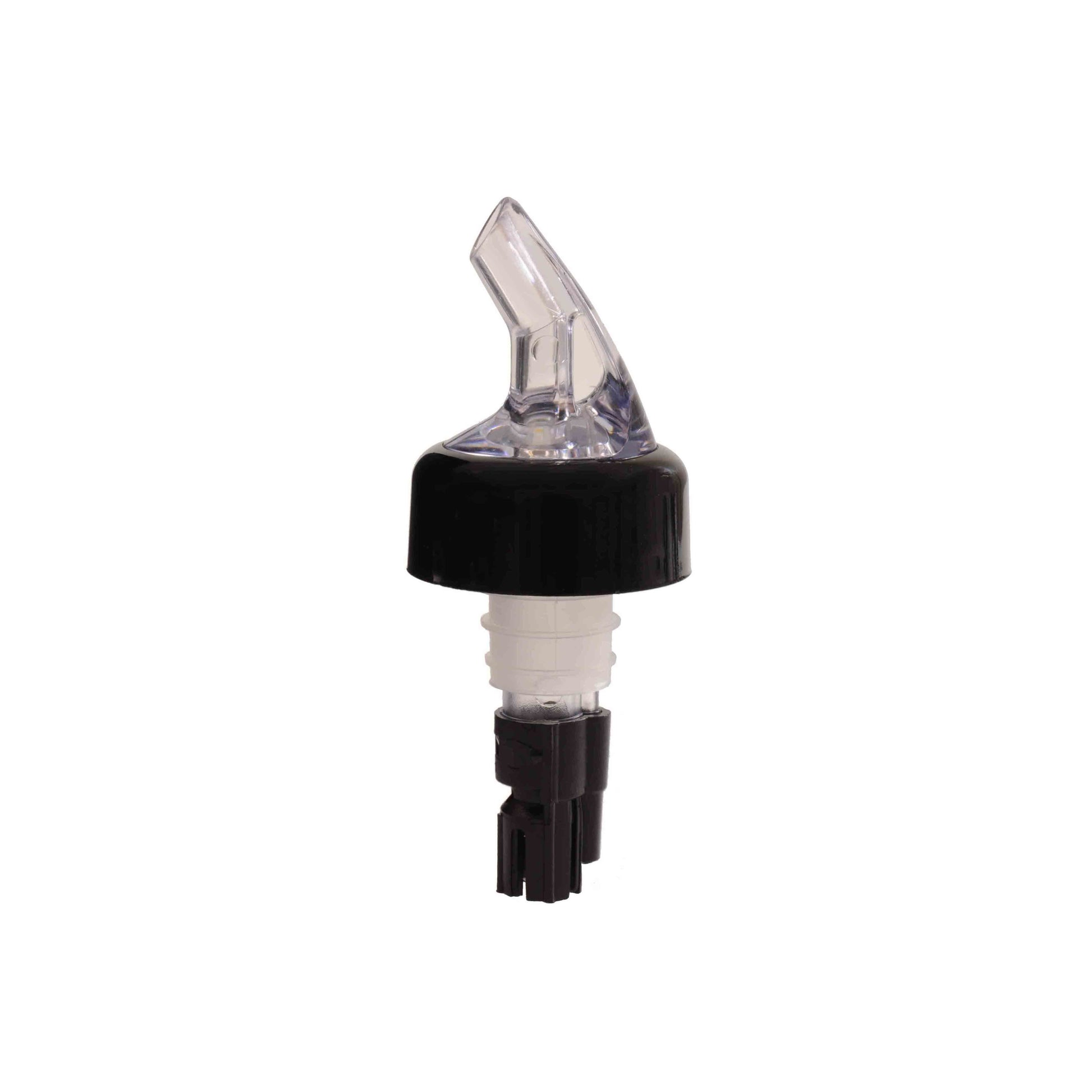Thunder Group Measured Liquor Pourer 12/Pcs features a color-coded black tail with a sleek black collar, crafted from durable acrylonitrile for precise and consistent pours. Designed to fit standard 750 ml liquor bottles, it dispenses an exact 0.63 oz (5/8 oz) shot, helping bars, restaurants, and home bartenders control portions, reduce waste, and speed up service. The color coding allows staff to easily identify pour sizes, keeping your bar organized and efficient. 