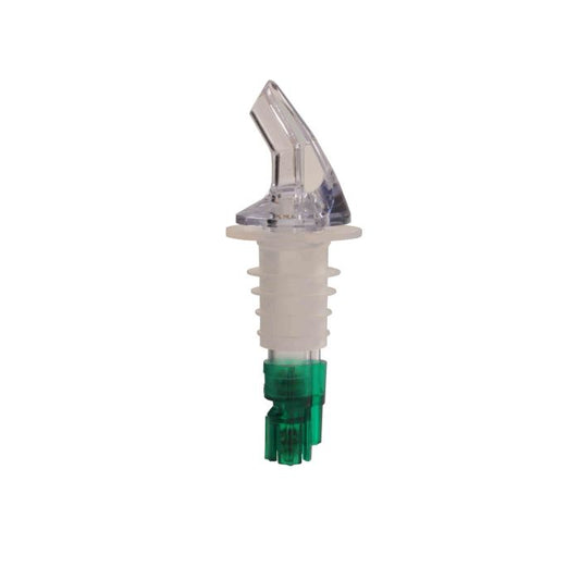 Thunder Group Measured Liquor Pourer 12/Pcs features a color-coded green tail and sleek collarless design, made from durable acrylonitrile for precise consistent pours. It fits standard 750 ml liquor bottles and dispenses an exact 0.75 oz (3/4 oz) shot every time, helping control portions, reduce waste, and speed up bar service. The green tail makes it easy to quickly identify pour size or specific spirits, ideal for busy bars, restaurants, and home bar setups. 