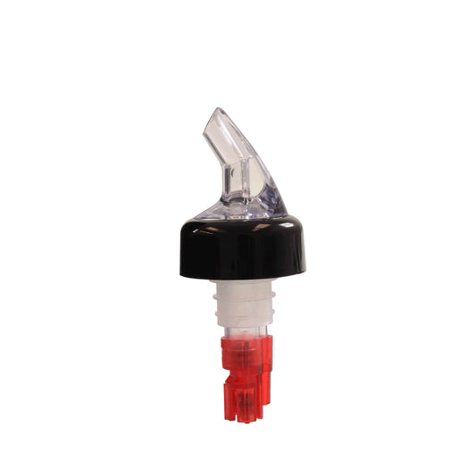 Thunder Group Measured Liquor Pourer 12/Pcs features a color-coded red tail and sleek black collar, precisely dispensing a 1 oz shot every time. Crafted from durable acrylonitrile, it fits standard 750 ml liquor bottles, helping control portions, reduce waste, and improve speed in bars, restaurants, and home bar setups. The color-coded tail ensures quick identification of pour size, keeping your bar organized and efficient. A professional tool for consistent pours and cost-effective service.