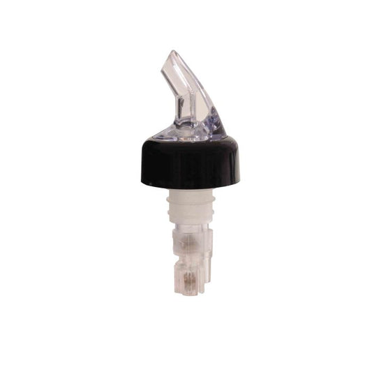 Thunder Group Measured Liquor Pourer 12/Pcs features a sleek clear tail paired with a professional black collar, crafted from durable acrylonitrile for precise consistent pours. Designed to fit standard 750 ml liquor bottles, it accurately dispenses a 1.25 oz (1-1/4 oz) shot every time, making it ideal for managing portions, reducing waste, and improving service speed in bars, restaurants, or home bar setups.