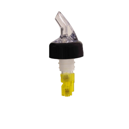 Thunder Group Measured Liquor Pourer 12/Pcs features a color-coded yellow tail and sleek black collar, crafted from durable acrylonitrile to deliver precise consistent pours. Designed to fit standard 750 ml liquor bottles, it accurately dispenses a 1.5 oz (1-1/2 oz) shot every time, making it perfect for controlling portions, reducing waste, and improving service speed in bars, restaurants, or home bar setups. 