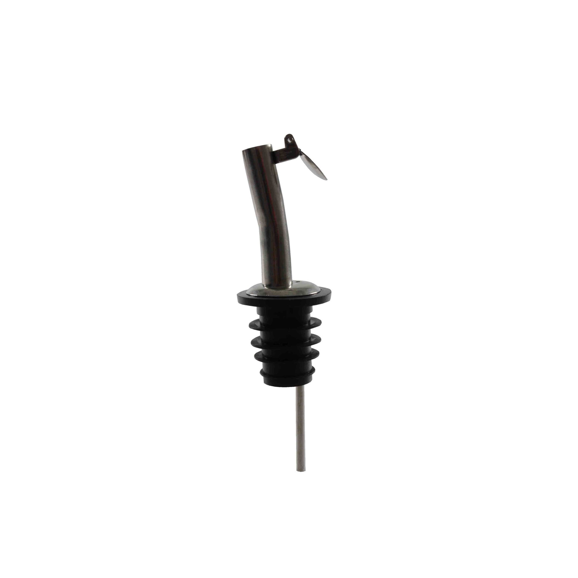 Thunder Group Jet Liquor Pourer with Flip Cap 12/Pcs features a fast flow stainless steel spout with a convenient flip cap to keep dust and debris out, paired with a secure black rubber fin base. Designed to fit standard 750 ml liquor bottles, it ensures a smooth rapid pour perfect for high-volume bars, restaurants, and busy events. The flip cap automatically opens when pouring and closes when upright. Its color-coded design helps bartenders quickly identify bottles, improving speed and organization.