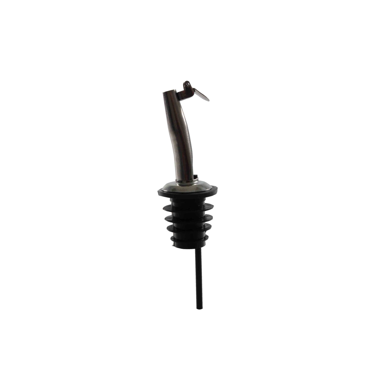 Thunder Group Tapered Liquor Pourer with Flip Cap 12/Pcs features a medium flow stainless steel spout with a convenient flip cap to keep out dust and debris, paired with a secure black rubber fin base. Designed to fit standard 750 ml liquor bottles, it ensures controlled smooth pours perfect for bars, restaurants, and home entertaining. The flip cap automatically opens when pouring and closes when upright, maintaining clean and hygienic service. 