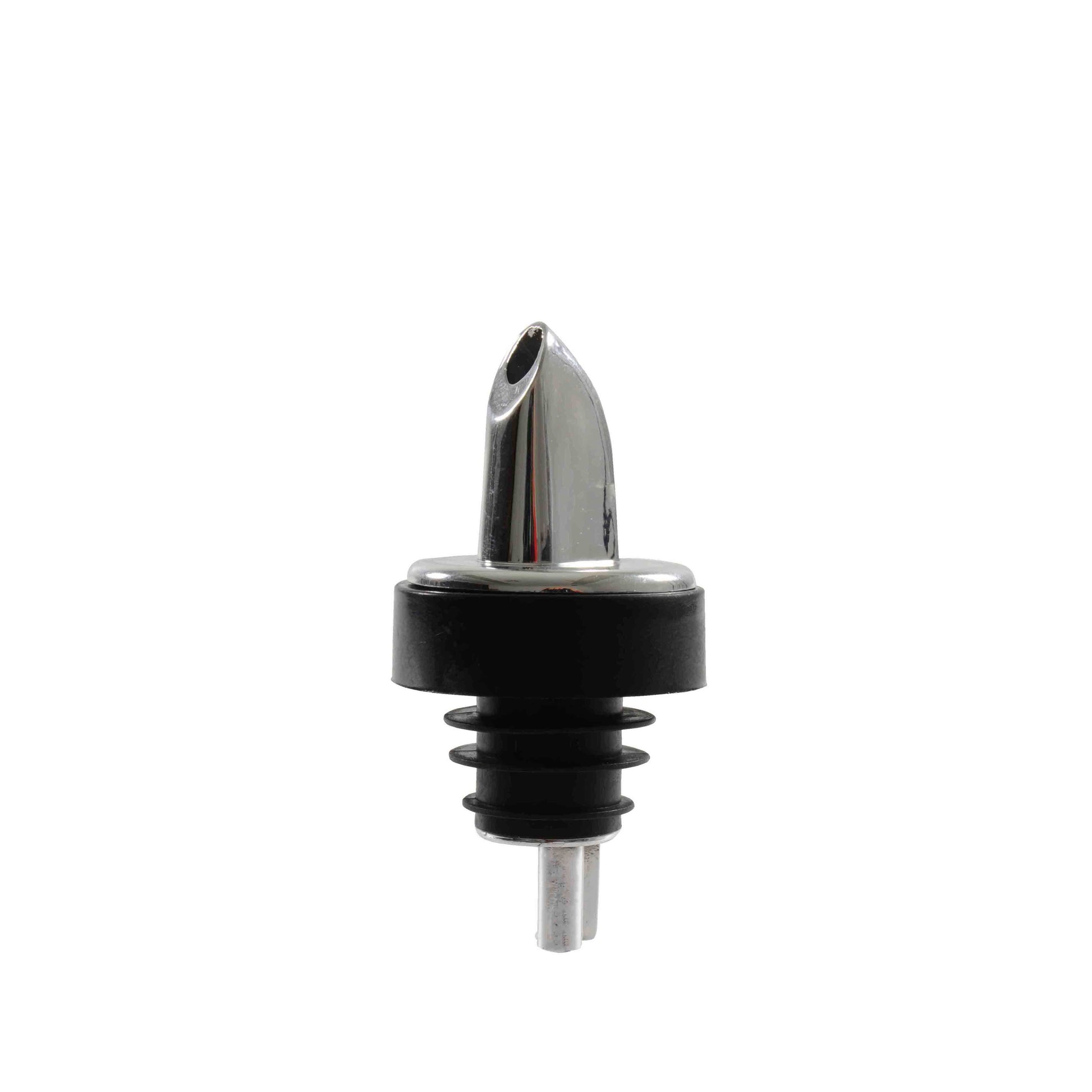 Thunder Group Free Flow Liquor Pourer 12/Pcs features a sleek chrome spout with a soft black collar and secure ribbed base, designed to fit standard 750 ml liquor bottles. The open spout delivers a consistent stream for fast efficient pouring, perfect for bartenders who need to keep up with busy service. Its color-coded base helps organize spirits for quick identification, while the soft collar adds a stylish finish that enhances any bar setup. 