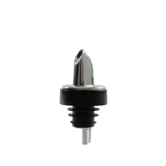 Thunder Group Free Flow Liquor Pourer 12/Pcs features a sleek chrome spout with a soft black collar and secure ribbed base, designed to fit standard 750 ml liquor bottles. The open spout delivers a consistent stream for fast efficient pouring, perfect for bartenders who need to keep up with busy service. Its color-coded base helps organize spirits for quick identification, while the soft collar adds a stylish finish that enhances any bar setup. 